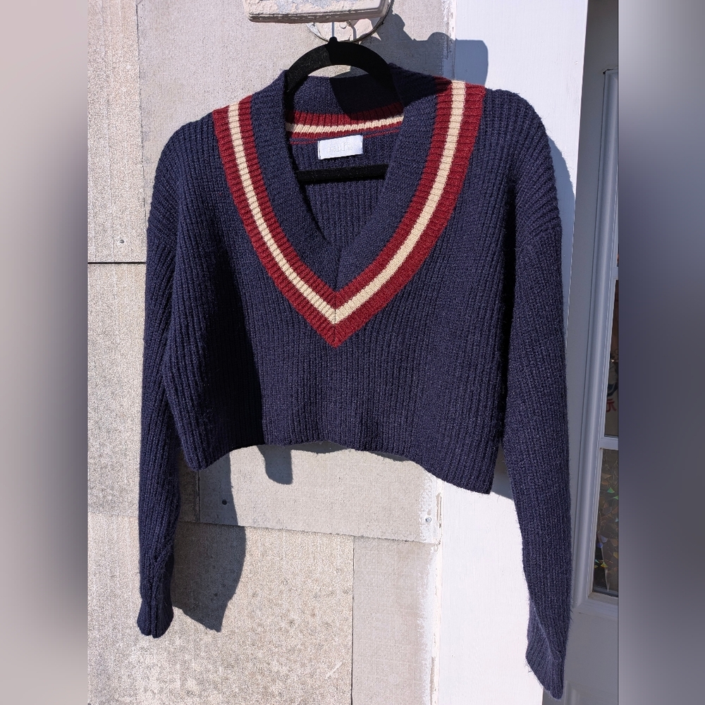 Navy Cropped V-Neck Sweater with Red and Cream Stripes